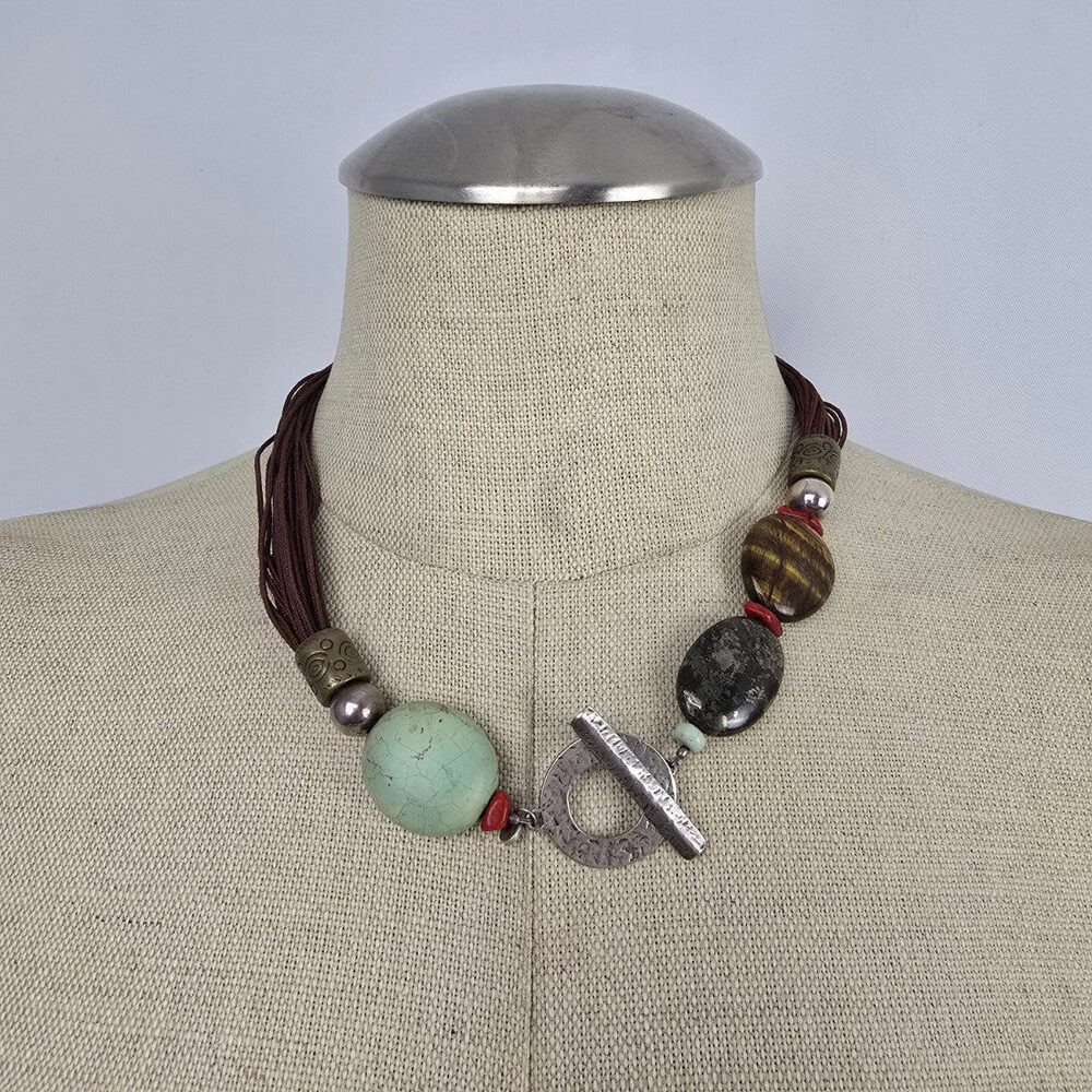 Silpada Sterling Silver Toggle Necklace Tiger’s Eye & Mixed Stone Statement